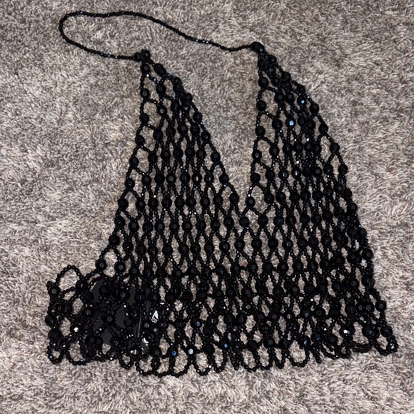 Zara Tops - Zara Black Beaded Mesh Halter Crop Top NWT Festival Layering